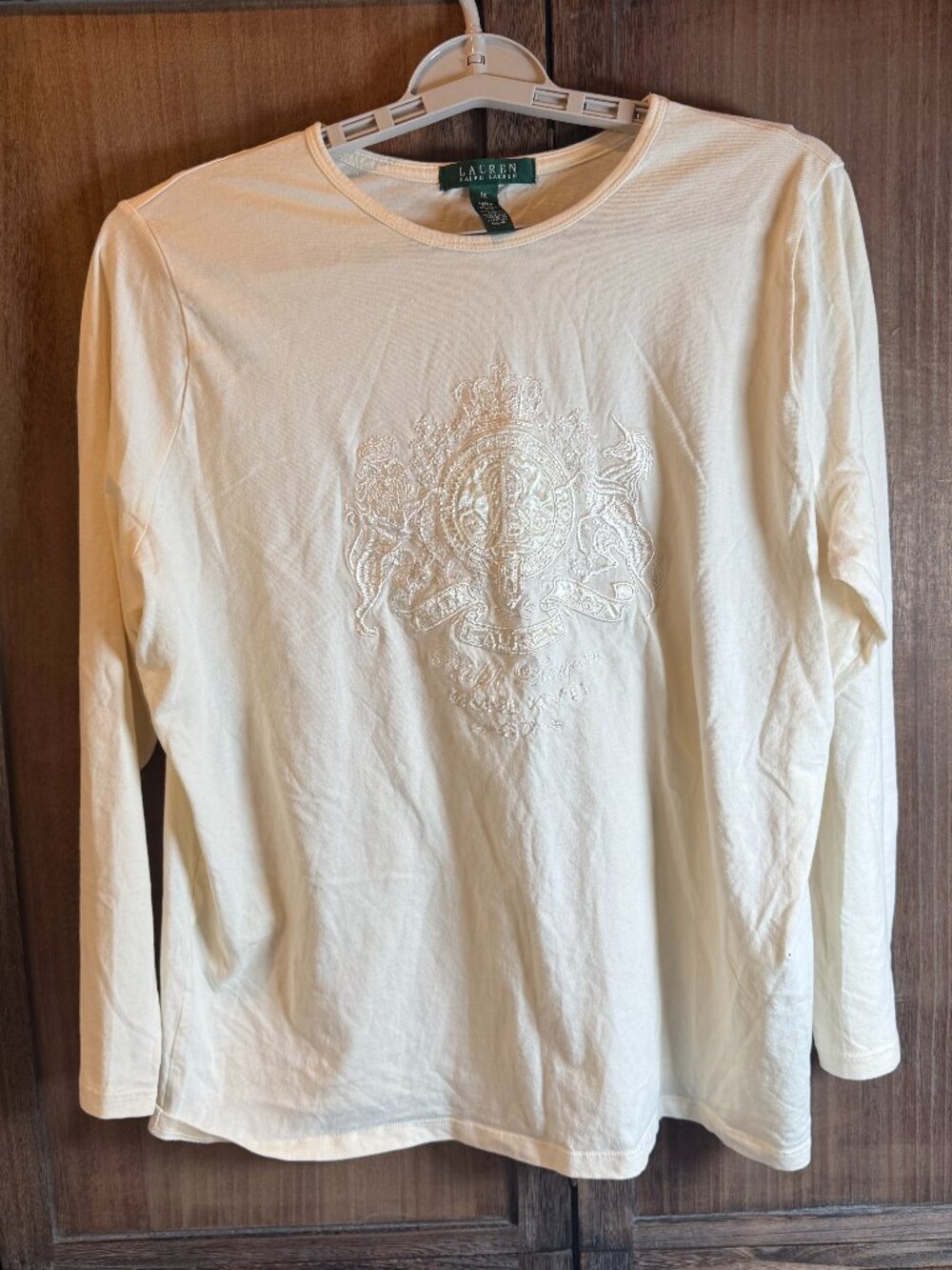 Embroidered Crest Beaded Long Sleeve Ivory Top Lauren Ralph Lauren 1X